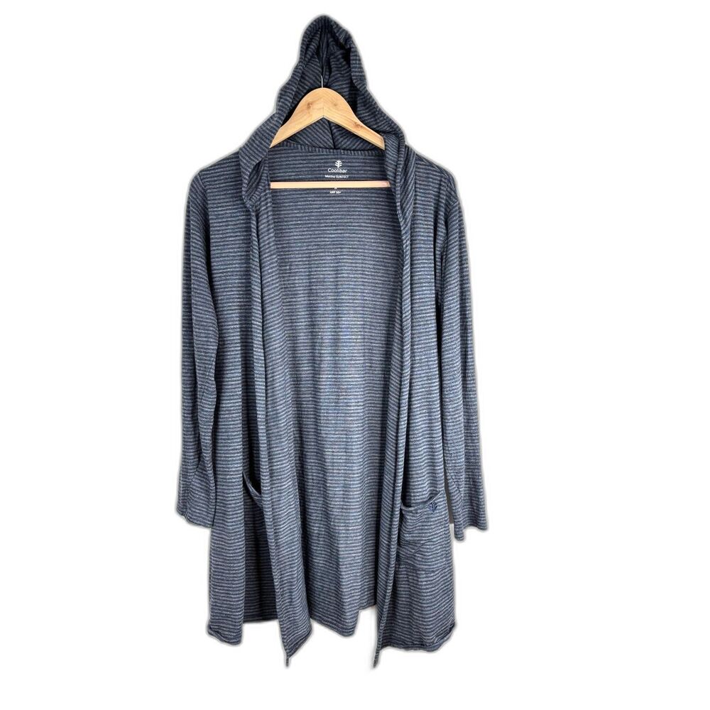 Coolibar Merino Wool SUNTECT Hooded Wrap Cardigan Stripe Blue M UPF 50+ Cover Up